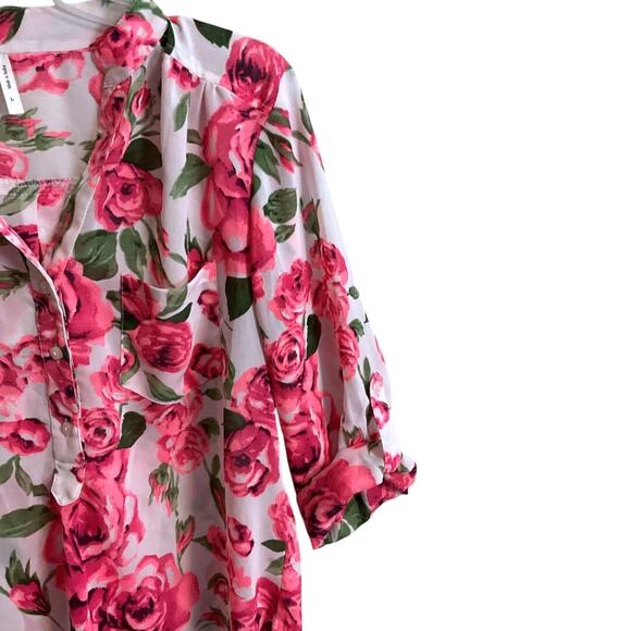 I Live 4 Truth Blouse Women Size L Pink Floral Hi Low Hem Roll Tab Sleeve - Picture 5 of 11